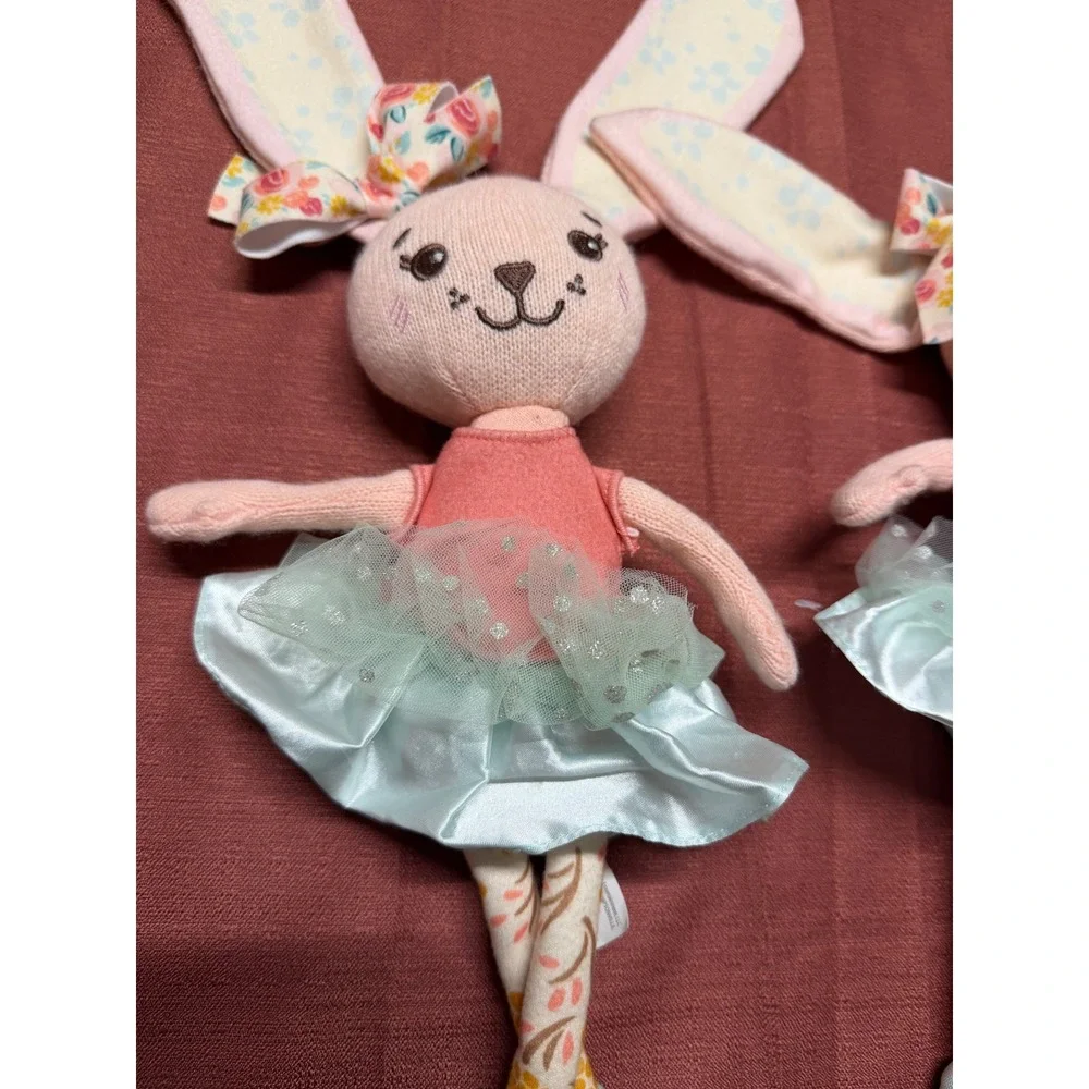 Set of 2 Plush Ballerina Bunny Dolls Pink Mint Green Tulle Tutu Floral Knit 12
